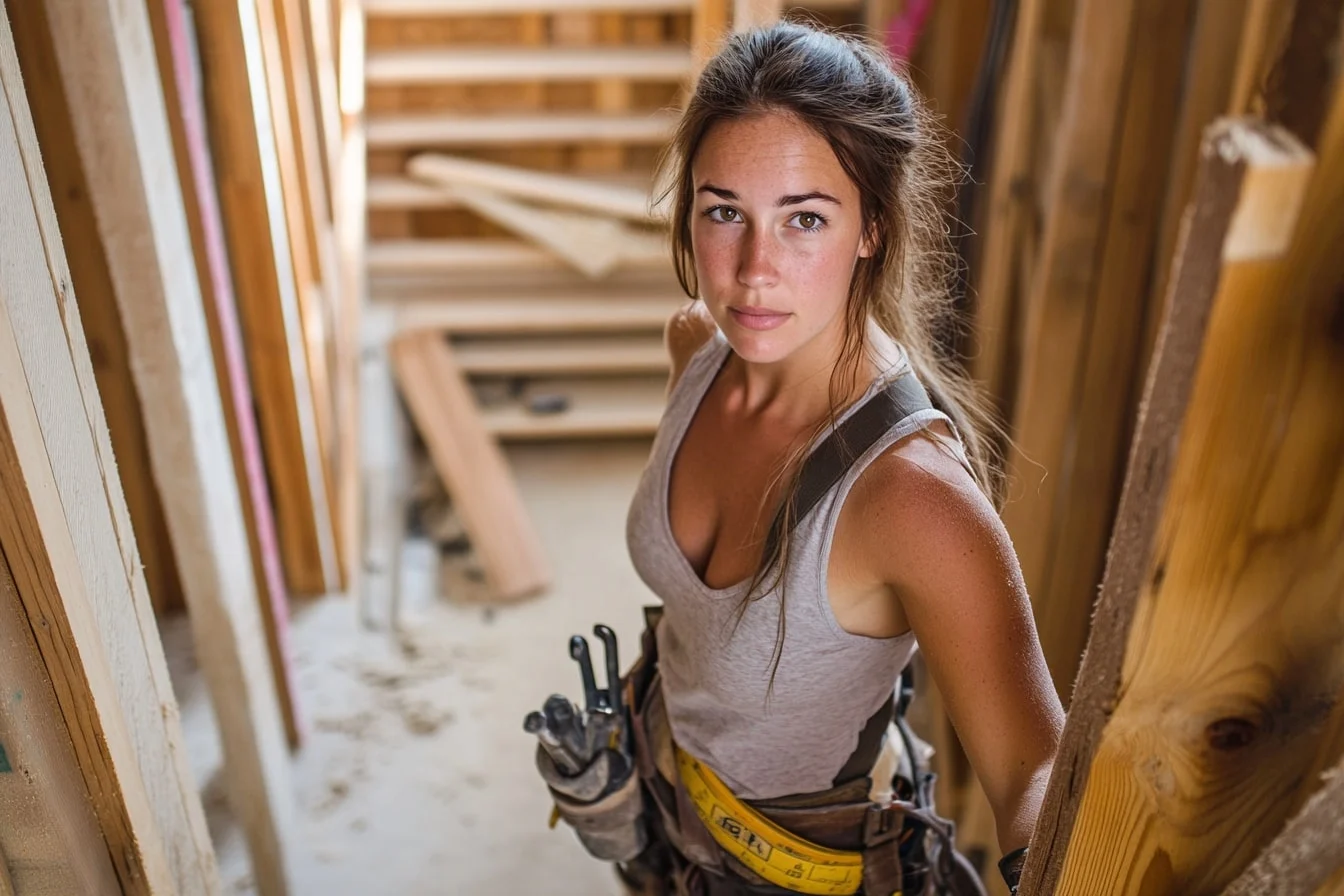 Eine junge Frau mit locker zurückgebundenem Haar steht vor einer Baustelle mit einer unfertigen Holztreppe im Hintergrund. Sie trägt ein graues Tanktop, Hosenträger und einen Werkzeuggürtel, und ihr Gesichtsausdruck zeigt Fokus und Selbstbewusstsein